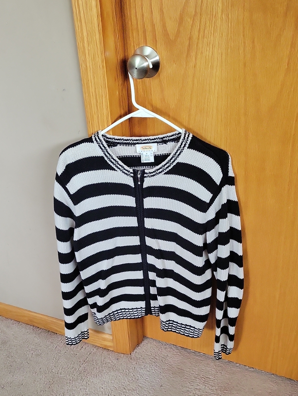 Talbots Black and White Striped Zip-Front Cardigan